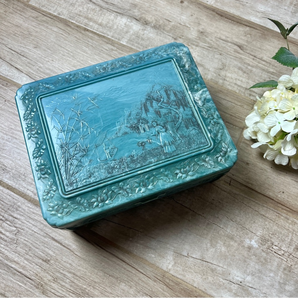 Vintage Faux Green Jade Asian Jewelry  Box 10" x 8" Chained Mirrored